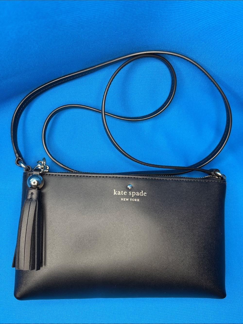 KATE SPADE NEW YORK IVY STREET AMY SMOOTH LEATHER BLACK CROSSBODY BAG W/ TASSEL